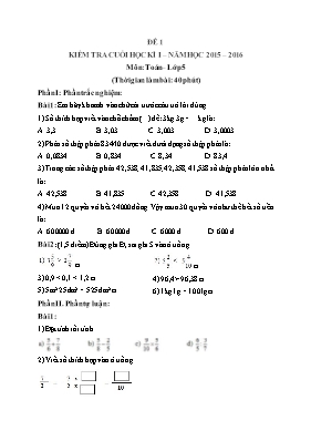 Đề kiểm tra cuối học kì I môn Toán khối 5 - Năm học 2015-2016